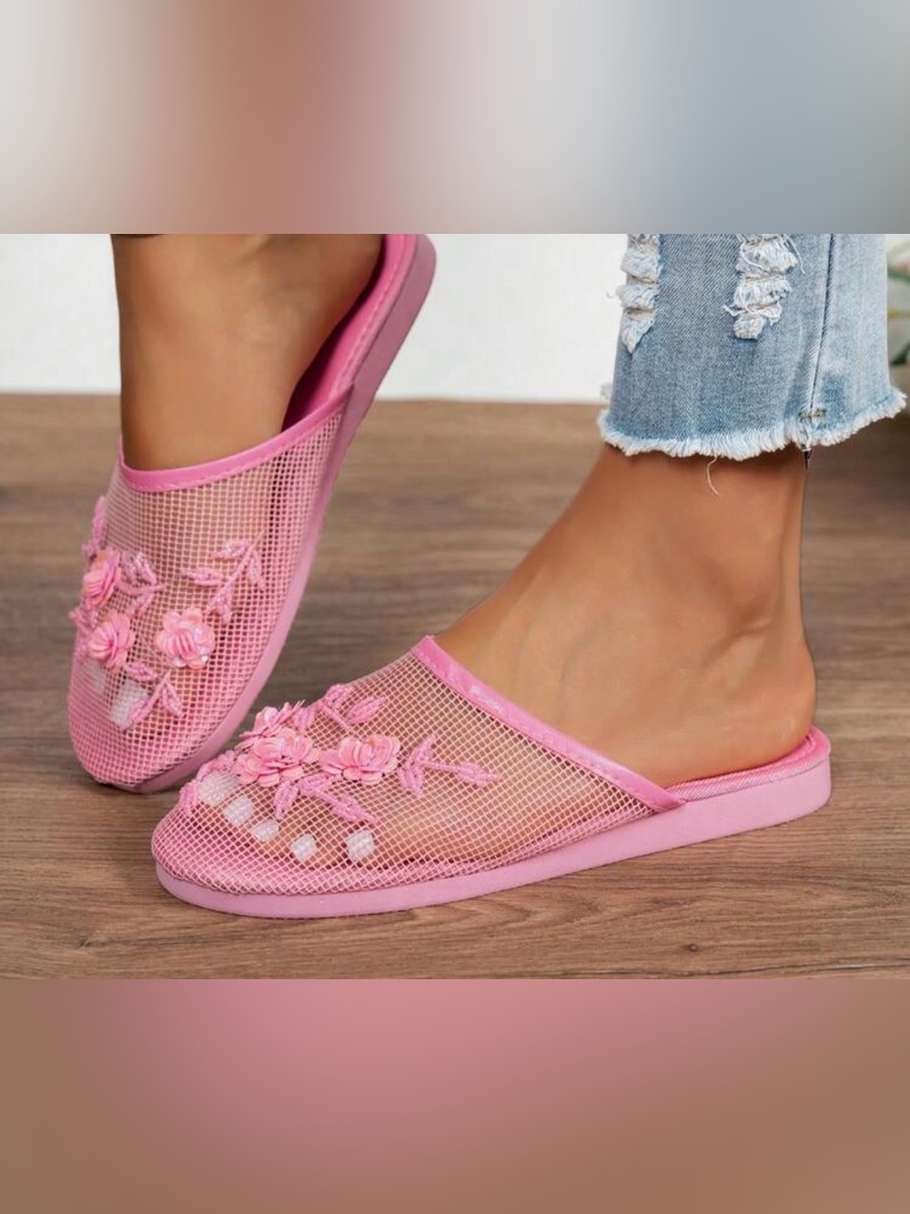 Pink Floral Mesh Slip-On Women’s Mules